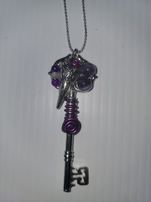 Raven Skull on Skeleton Key Necklace