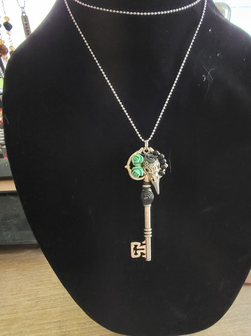 Raven Skull on Skeleton Key Necklace