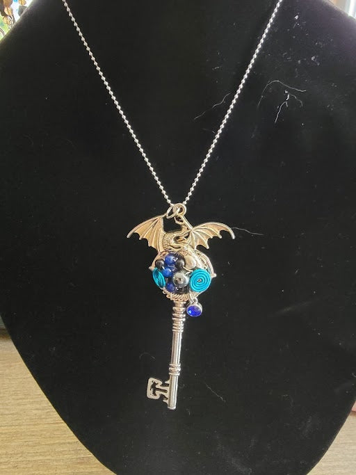 Wire Wrapped Dragon Skeleton Key Necklace