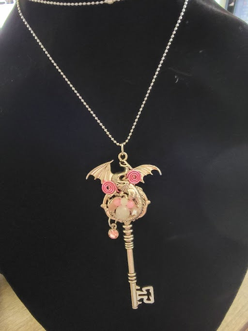 Wire Wrapped Dragon Skeleton Key Necklace